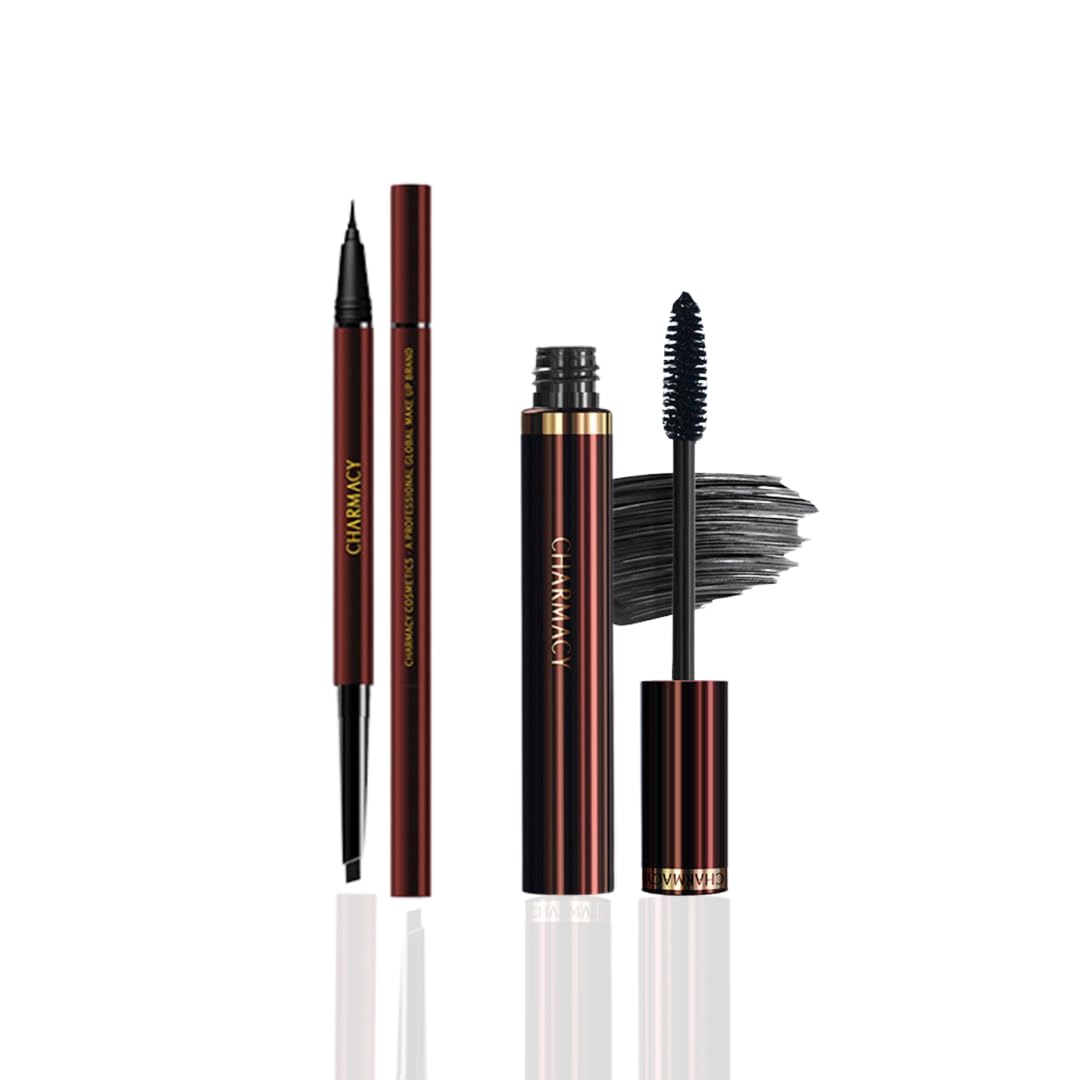 Charmacy Milano Eyeliner & Mascara Combo, CMC Duo Eyebrow Filler and Eyeliner Sketch (Dark Brunette) 0.6ml & CMC 360 Degree Volume Mascara Intense (Black) 8G, Waterproof, Smudge-proof