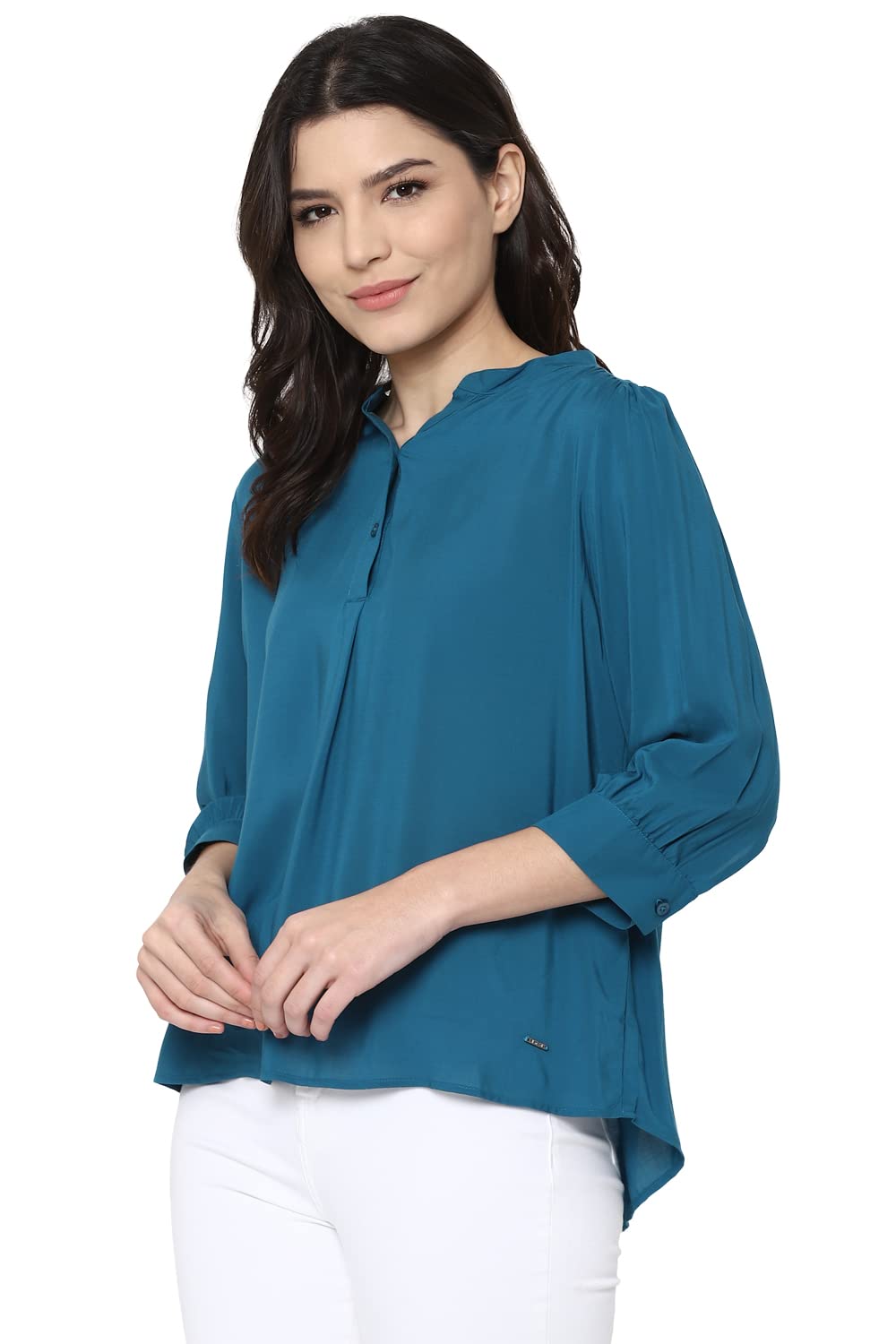 Allen Solly Women's Solid Regular Fit Blouse (AHTSWRGFL48496_Blue S)