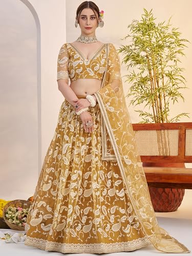 Zeel Clothing Women's Cotton Thread Sequins Work Embroidery Soft Net Lehenga Choli With Dupatta (NFH-2148-Light-Golden-Lehenga-Choli; Free size) (Light Golden)