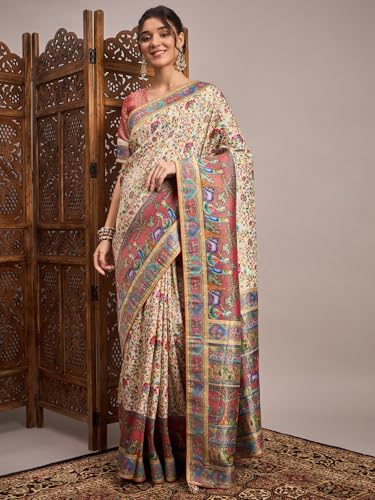 AKHILAM Women's Cream Viscose Silk Ethnic Motif Printed Saree With Unstitched Blouse Piece (MSTANI159B_HS)