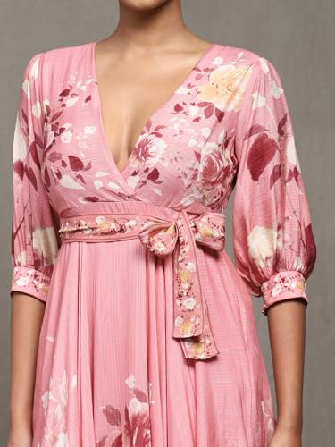 Ritu Kumar Rose Pink Botanic Print Long Dress with Attached Belt