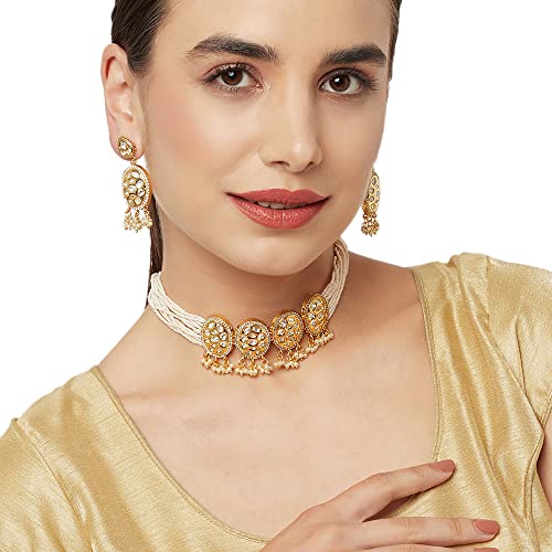 VOYLLA Faux Kundan and Pearls Embellished Gold Plated Traditional Jewellery Set