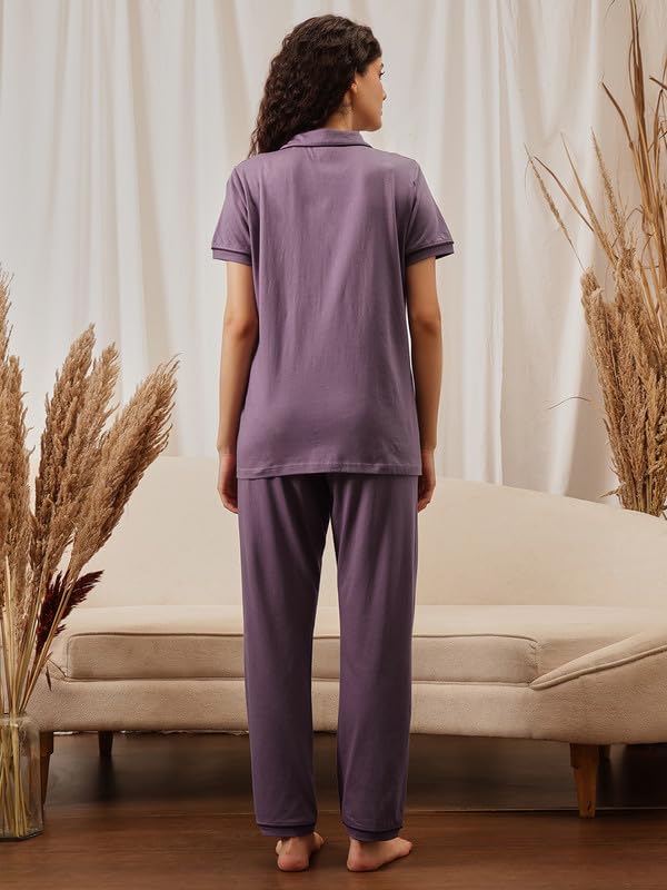 Clovia Women's Cotton Button-Down Shirt & Pyjama Set (LS0795P15_Purple_M)
