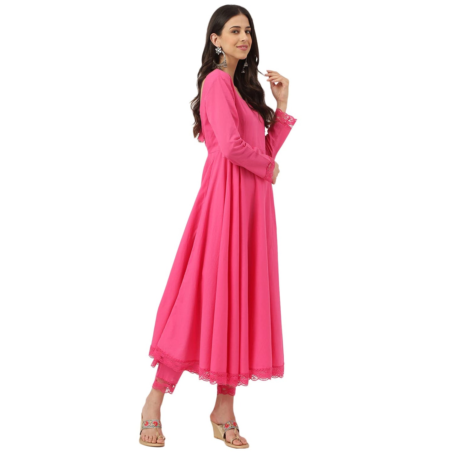 Divena Pink Solid Anarkali Kurta Pant set with Dupatta