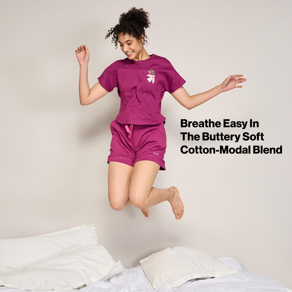 NYKD (NYS940 Soft Modal Cotton Coords Night Suit for Women | Relaxed Fit Round Neck T-Shirt with Extended Shoulder Sleeves & Shorts | Perfect for Sleep, Lounge & Everyday Wear - Wine