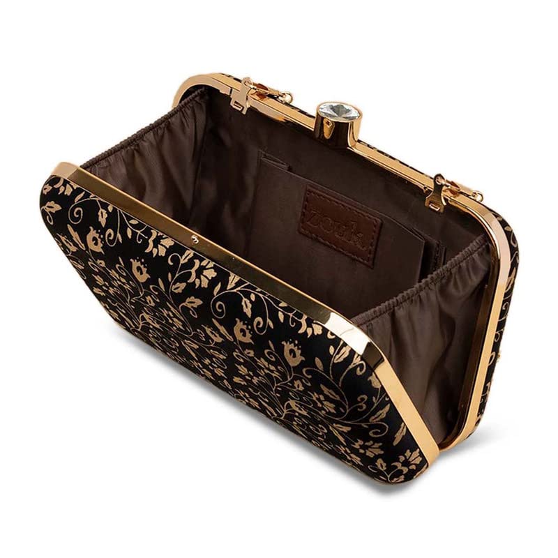 ZOUK Srinagar Garden Floral Printed Women's Mashru silk Black and Golden Clutch for iphone