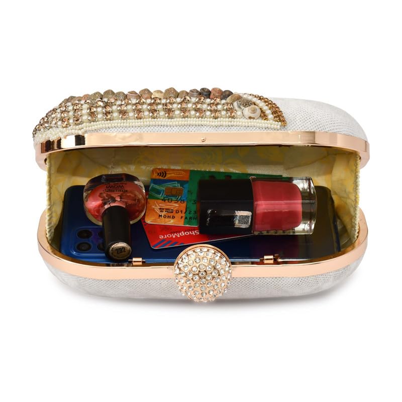QHAN Elegant Beaded Clutch Purse for Women – Emroidered Bag with Gold Chain, Rhinestone Clasp & Stone Detailing (Cap Pebble White)