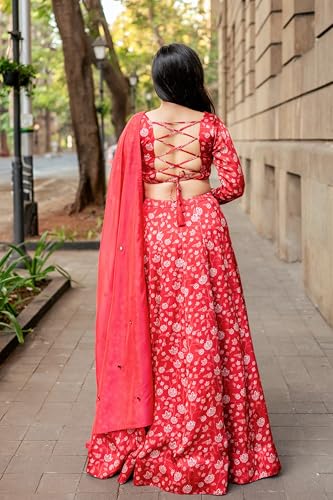 essaySumedha Agrawal Organza Satin Organza Santoon Floral Lehenga for Women (Size: L, Red)