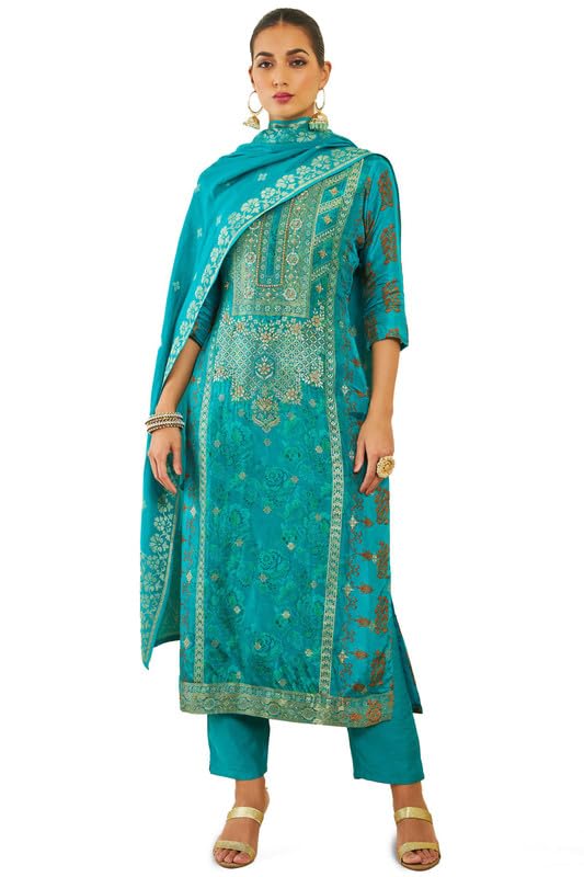 Soch Womens Turquoise Blue Brocade Blend Suit Set with Floral Print and Hand Embroidery