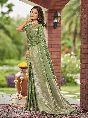 MANOHARI Women's Most Trendy Banarasi Satin Silk Woven Olive Green Saree With Heavy Jacquard Work Saree With Blouse Piece_MN2031