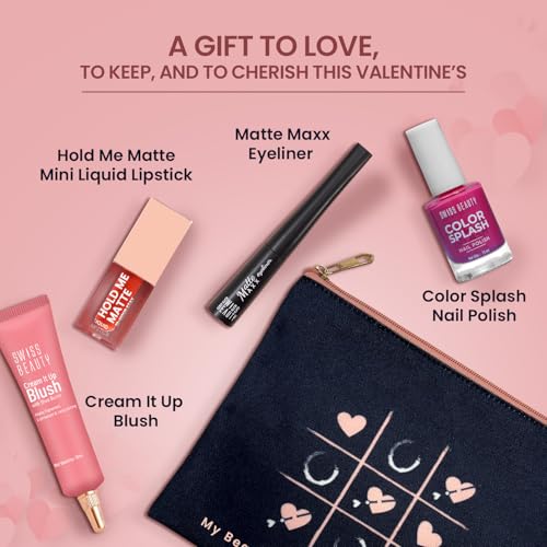 Swiss Beauty Gift Your Heart Out Makeup Kit | With 4 Makeup Essentials | Cream It Up Blush | Color Splash Nail Polish | Matte Maxx Eyeliner | Hold Me Matte Mini Liquid Lipstick | Gift For Her | Valentine’s Day Gift
