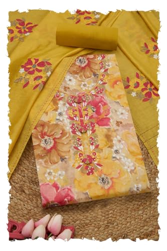 Soch Womens Yellow Jam Cotton Floral Print Unstitch Dress Material With Thread Work