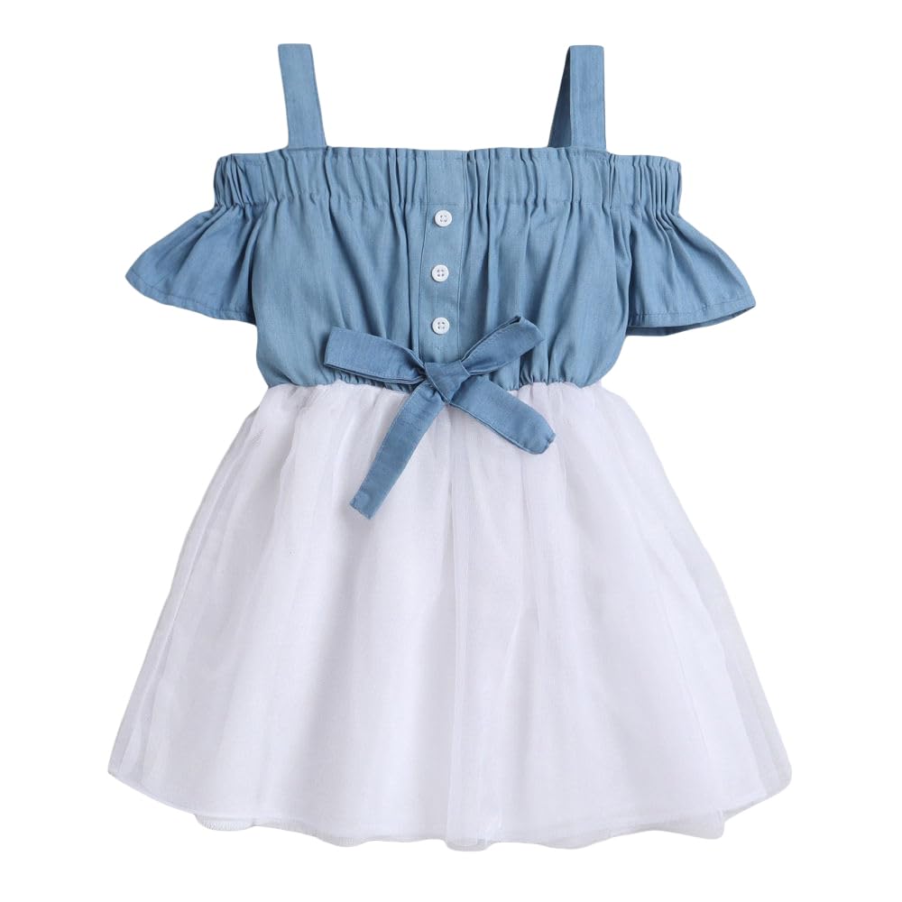 Hopscotch Girls Cotton Solid Cold-Shoulder Sleeves A-line Casual Dresses In Blue Color For Ages 4-5 Years (EWE-3113585)