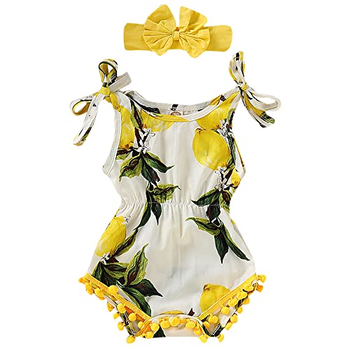 Hopscotch Baby Girls Cotton Lemon Print Sleeveless Onesie with Headband in Yellow Color for Ages 6-9 Months