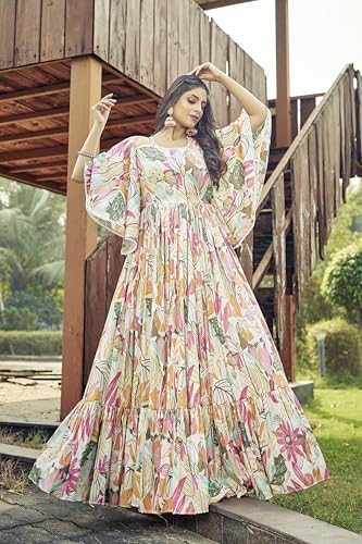 Samprag Rayon Gown for Women | Full Length | Printed | Fit & Flare | Flared & Bell Sleeves | Round Neck | Ethenic Dress | Ideal for Casual, Wedding & Party | Off-White & Sky Blue | S