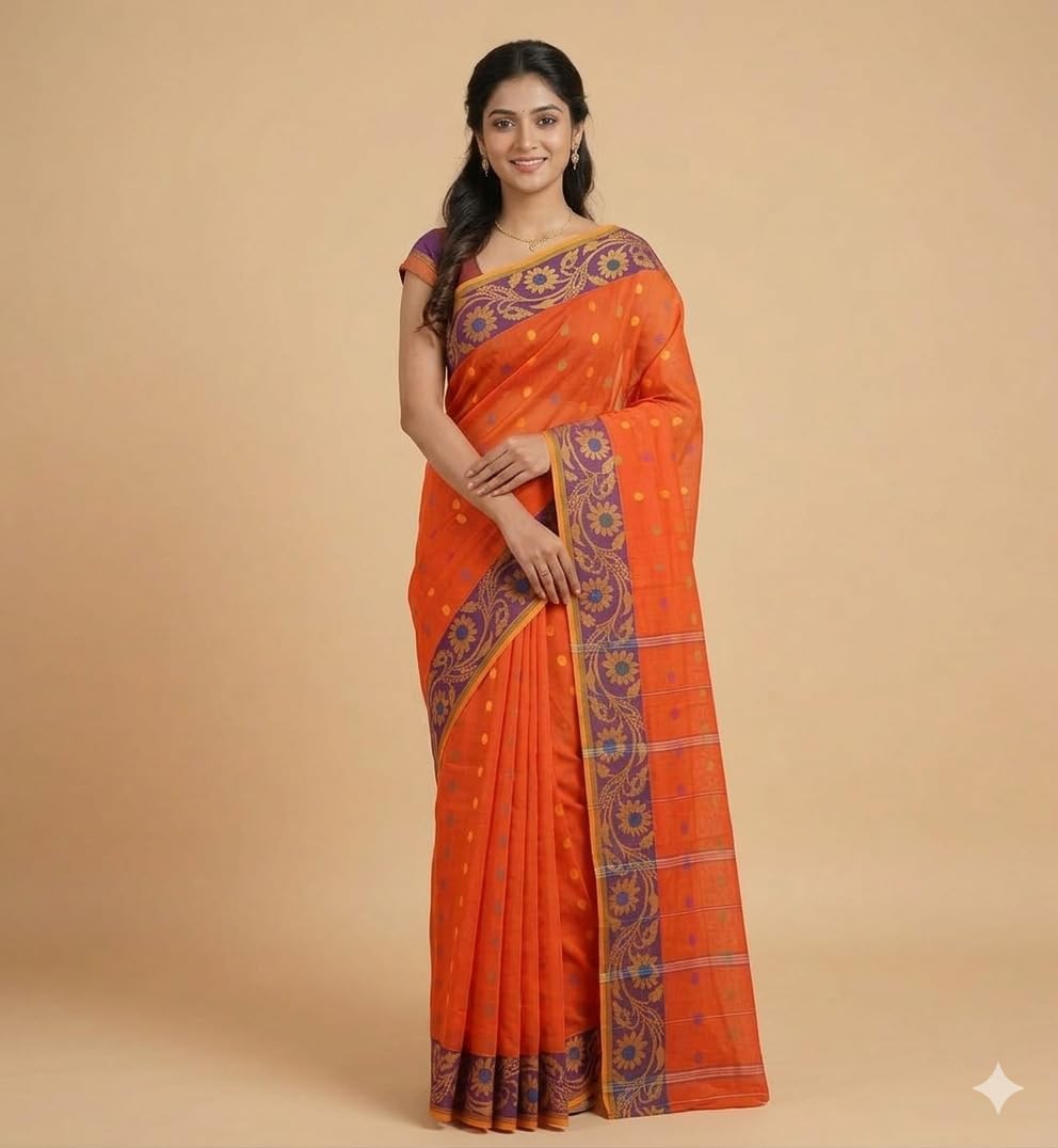 eC ESHA'S COLLECTION Women's Traditional Pure Cotton Temple Par Tant Saree Without Blouse Piece (Saffron)