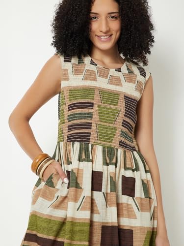 Max Kalki X Max Women Printed Smocked Midi Dress(Green_XL)
