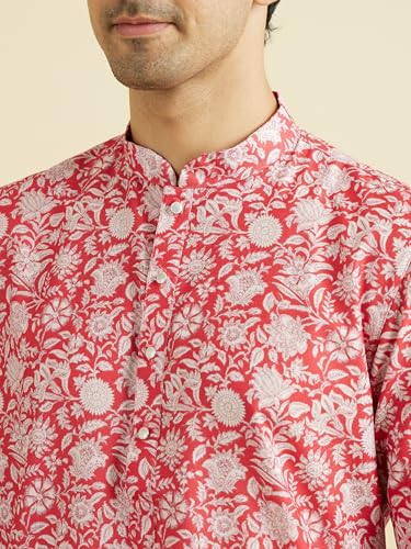 Manyavar Men's Cotton Blend Floral Print Kurta Pyjama Set (Red,XL)