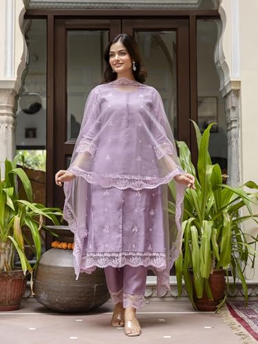 TRENDMALLS Women's Art Silk Embroidery A line Kurta Pant with Dupatta Salwar Suit Set (G278-Purple-XXL-)