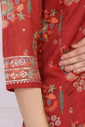 W for Woman Red Floral Printed Embroidered Straight Jacquard Kurta with Sharara and Dupatta Set (WS13290-126813-M)