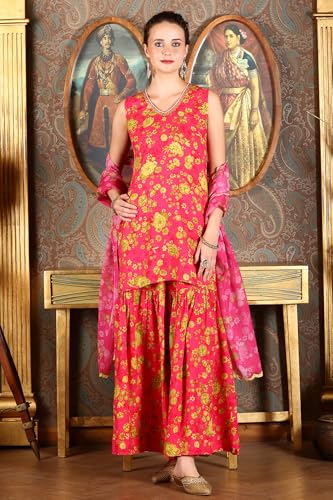 W for Woman Pink Floral Printed Sleeveless Short Kurta, Sharara and Dupatta Set (Size: XL)-24AUWS11567-124154