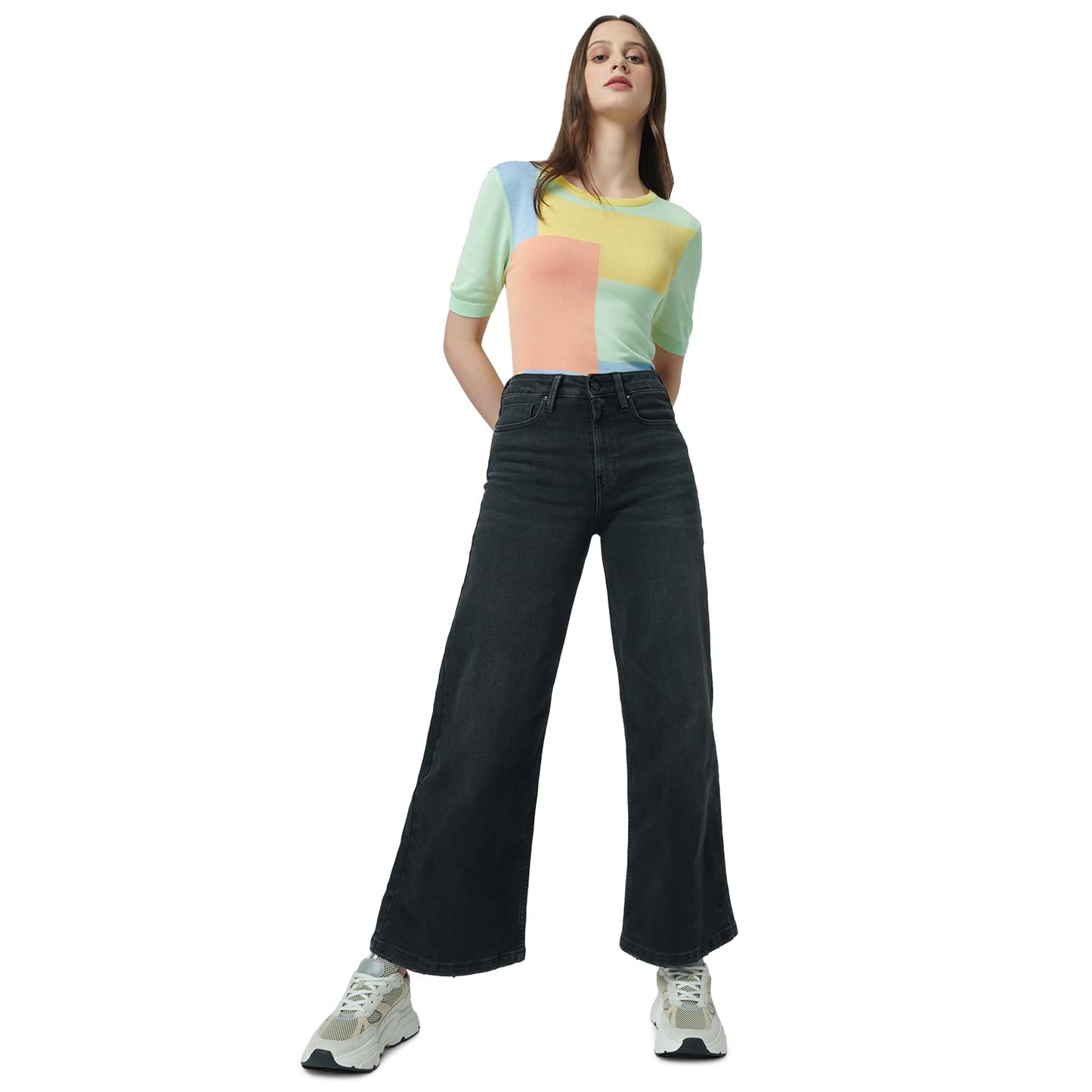 Pepe Jeans Color Block Viscose Round Neck Women's T-Shirt (Pink, Medium)