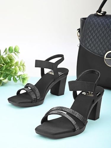 XE Looks Black Women’s Trendy Block Heel Sandals | Embellished Double Strap Ankle Strap Heels with Cushioned Footbed | Party & Casual Occasion | For Women & Girls