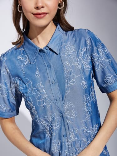 Latin Quarters Women Blue Collar Neck Half Sleeve Printed Shirt Dress_L
