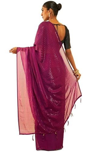 Soch Womens Wine Chiffon Striped Saree With Tassels(8907175513576)