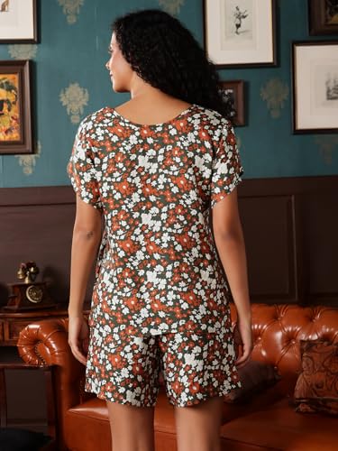 Clovia Women's Rayon Printed Top & Shorts Set (LS0768P17_Green_M)