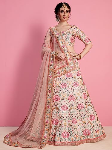 Zeel Clothing Womens Faux Silk Lehenga Choli Semi-Stitched Peach Free Size