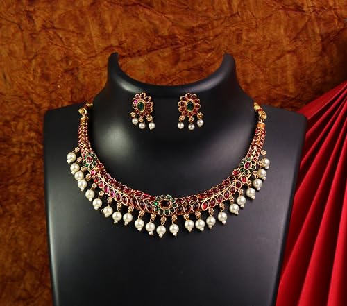 CUTE GOLD Antique Oxidised Plating Necklace With Earring For Women and Girls | Antique Temple Necklace Set for Women & Girls(AN-360) (Modern)
