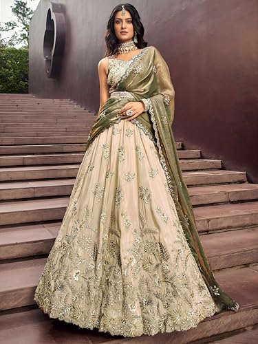 Zeel Clothing Women's Dori, Sequins and Thread Embroidered Work Cosmos Silk Lehenga Choli With Dupatta (6019-Green-Women-Lehenga-Choli-Latest; Free size)