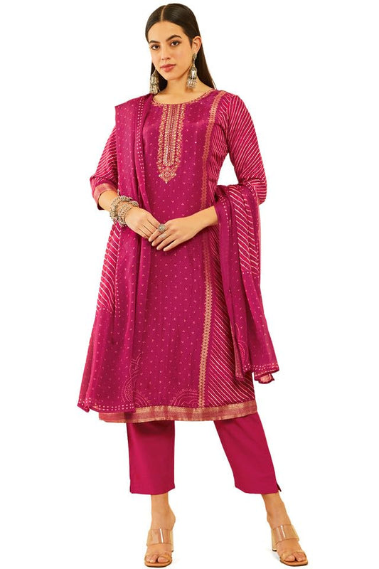Soch Womens Fuchsia Brocade Bandhani Printed Suit Set with Mirror Work