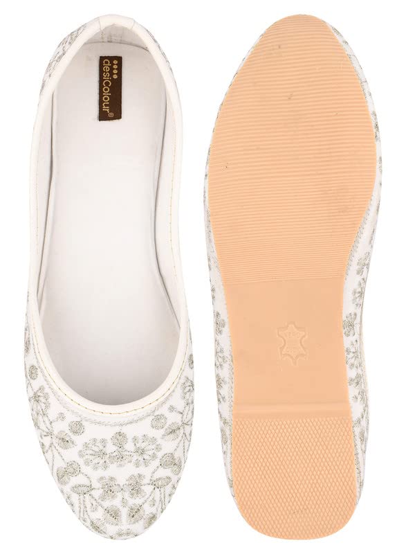 DESI COLOUR Mojari Punjabi Jutti for Women Ethnic Footwear- Floral Full Emb (White, Numeric_7)