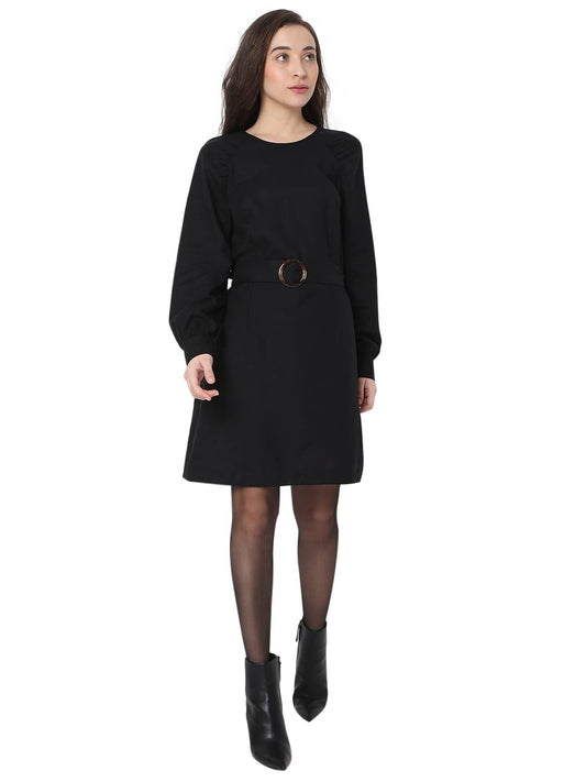 VERO MODA Solid Viscose Round Neck Womens Mini Dress (Black, Extra Large)
