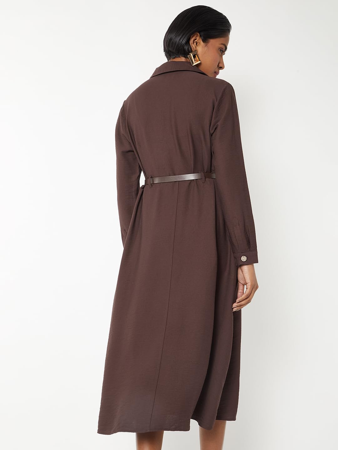 Max Women Solid Belted Shirt Dress (Brown_XXL)
