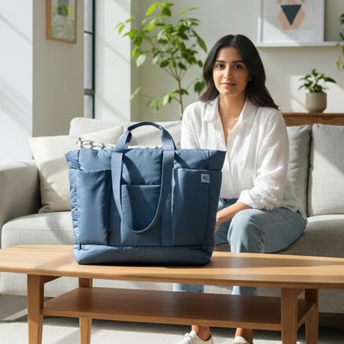 DailyObjects Idyll Tote Bag For Girls &Women | Crafted Using Soft-Touch & Water-Repellent Polyester | Polyfill Cushioning On The Inside | Holds Any Laptops Upto 14'' - Space Blue