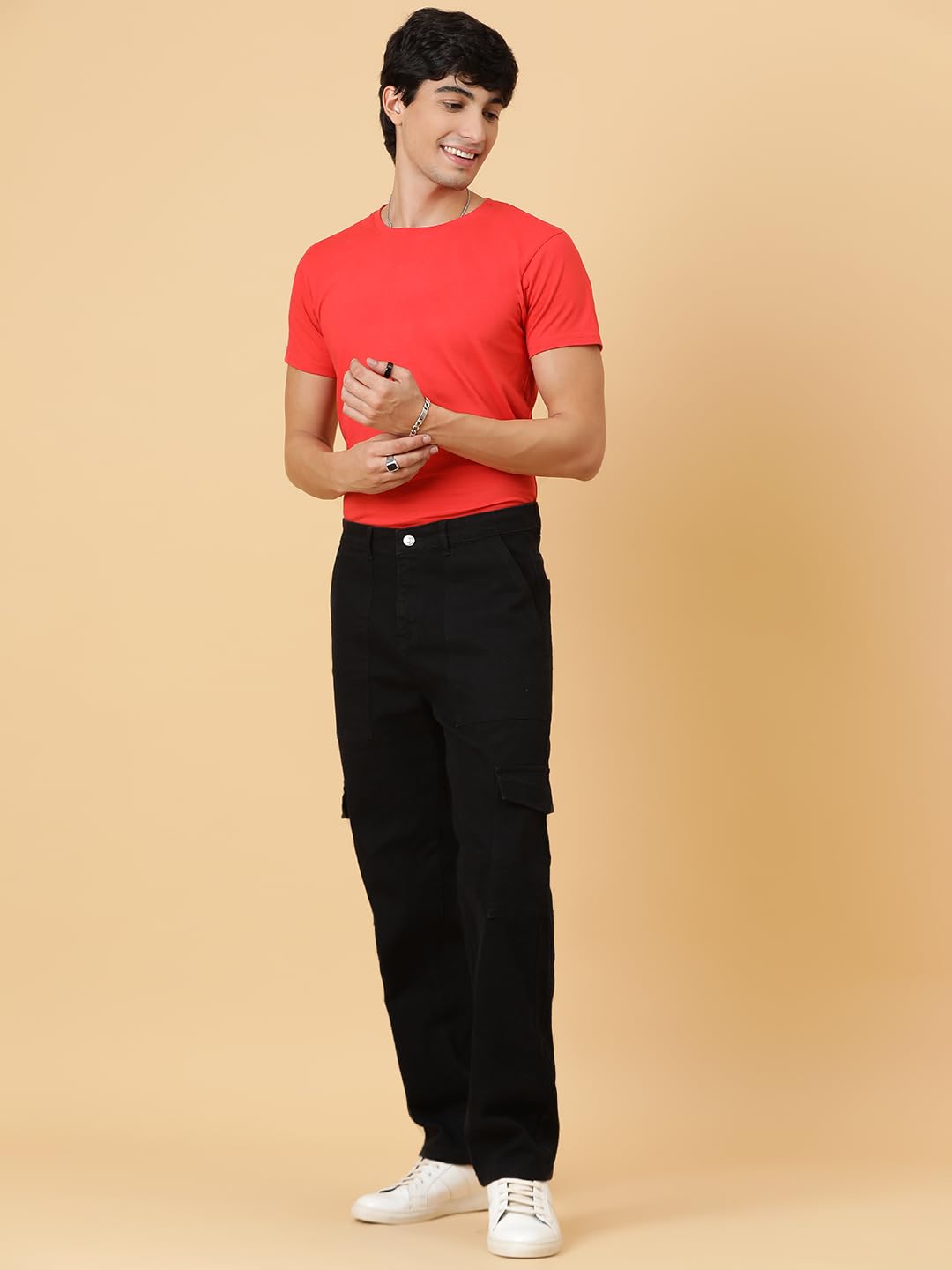 KOTTY Men's Solid Mid Rise Straight Fit Stylish Looking Cargo Jeans(Black,34)