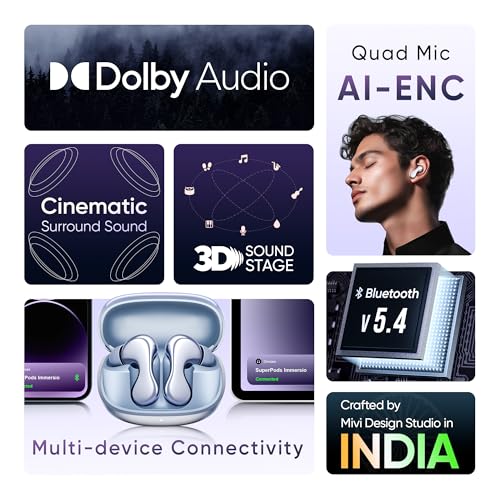 Mivi SuperPods Immersio [Flagship Launch] in Ear Ear Buds Wireless, Dolby Audio, 3D Soundstage, 60H Playtime, AI ENC, Bluetooth TWS, BT v5.4 Earbuds