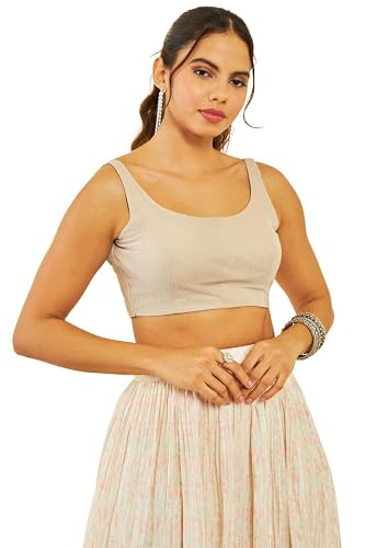 Soch Womens Beige Net Shimmery Scoop-Neck Back-Open Sleeveless Blouse