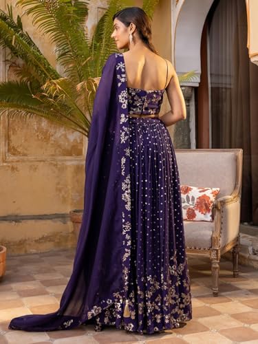Zeel Clothing Women's Sequins and Thread Embroidered Work Georgette Lehenga Choli With Dupatta (6015-Purple-Women-Lehenga-Choli; Free size)