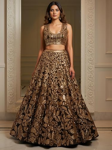 Zeel Clothing Women's Sequins Embroidered Soft Net Lehenga Choli With Dupatta (5106-Brown-Womens-Lehenga-Choli-Latest; Free size) (Brown)