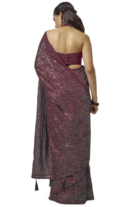 Soch Womens Wine Chiffon Saree With Sequence Work