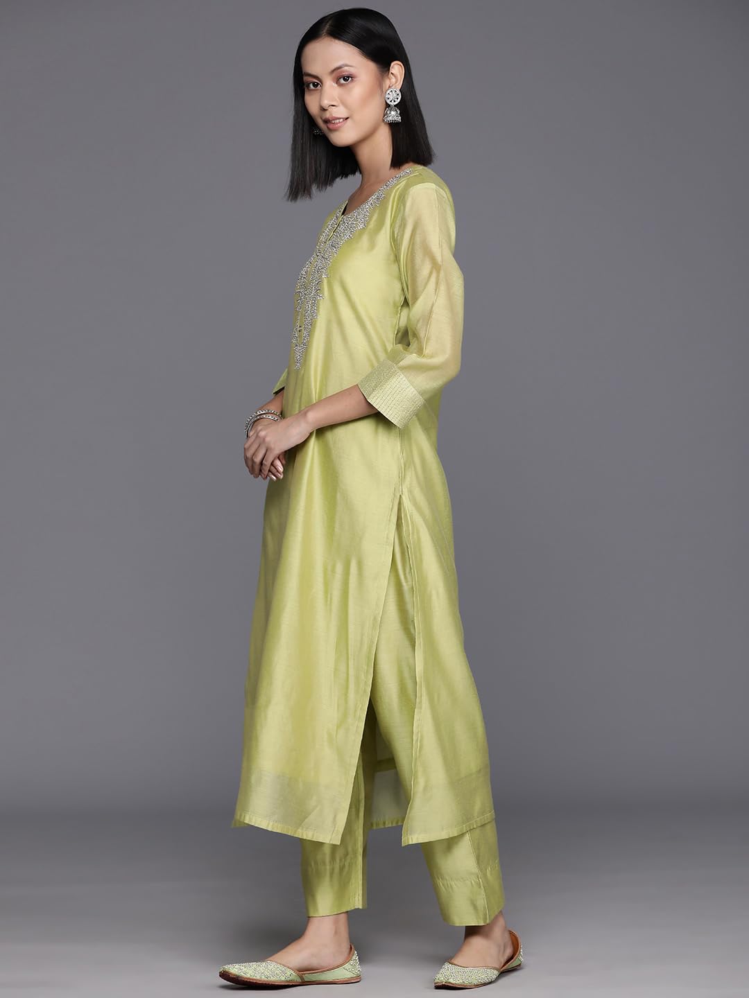 DISHWA FASHION Women's Embroidered Chanderi Kurti, Salwar and Dupatta Set (XX-Large, GREEN)