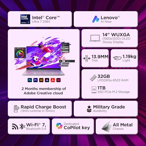 Lenovo Yoga Slim 7 Aura Edition Intel Core Ultra 7 258V,Copilot+ AI PC(32GB RAM/1TB SSD/14(35.5cm)/WUXGA OLED AI Now/47 Tops/Windows 11/Office Home 2024/1Yr ADP/Grey/1.19Kg), 83JX001MIN AI Laptop