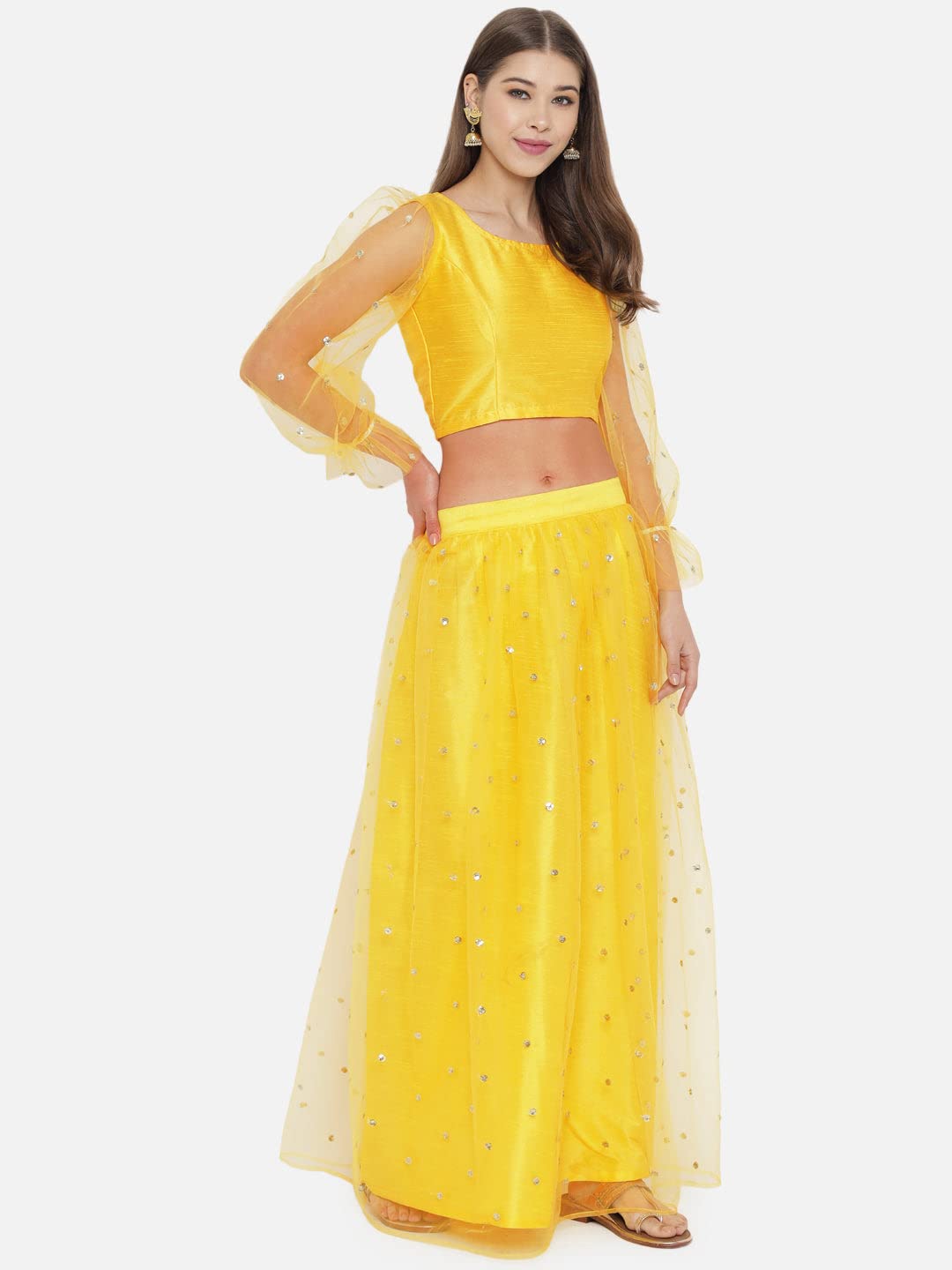 studio rasa Women's Net Sequins Embroidered Gathered Lehenga Set for Wedding Festive Party (LHSC12201L_Yellow_Large)