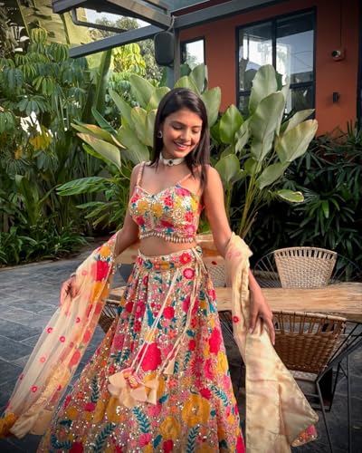AG Clothing Women's Georgette Semi Stitched Lehenga Choli With Dupatta | Thread And Sequin Embroidery Pattern | Traditional, Wedding, Ethnic Wear Lehenga (AD-324ind-Beige)