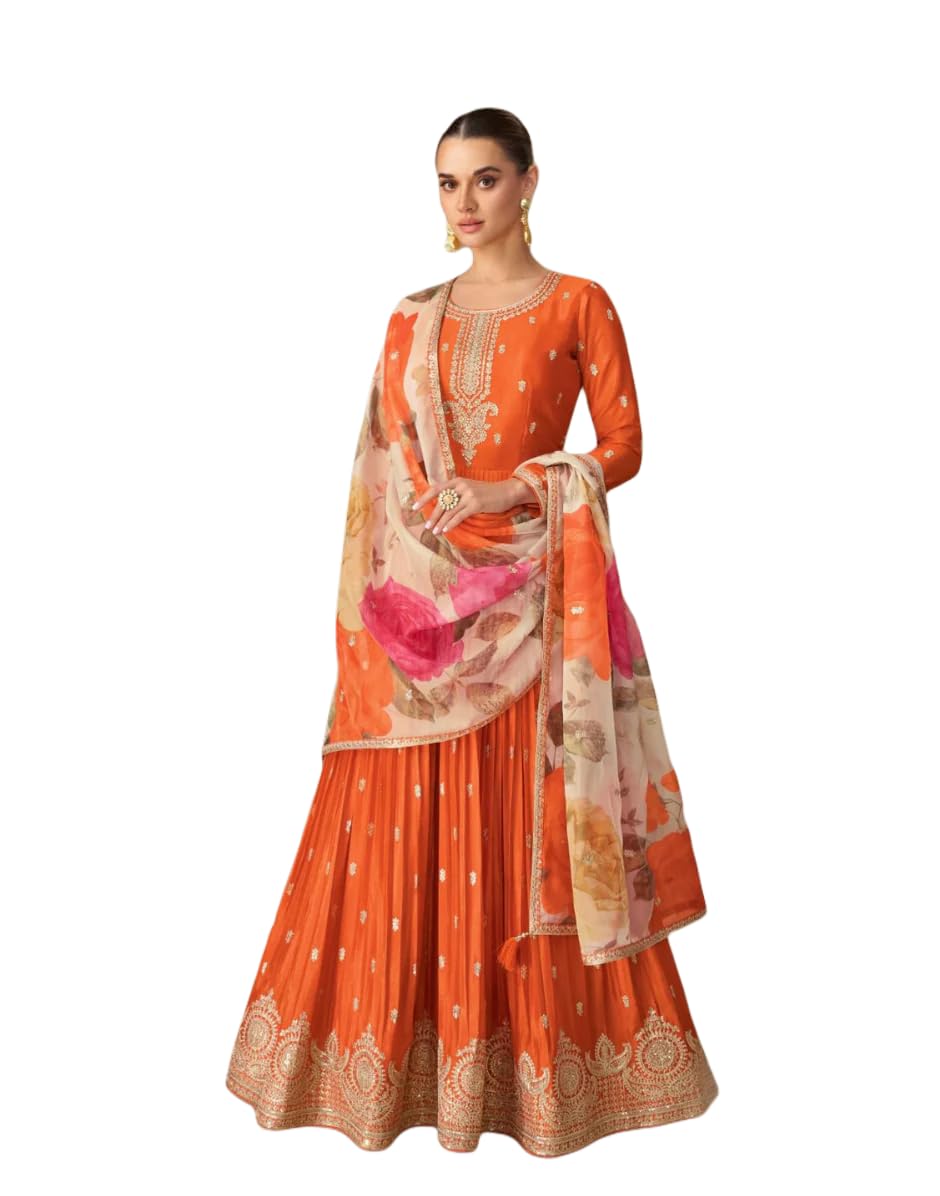 Shampysky Women’s Orange Chinon Embroidered A-Line Gown with Organza Dupatta | Fully Stitched | Full Sleeves (SSW-1307-Orange-4XL)
