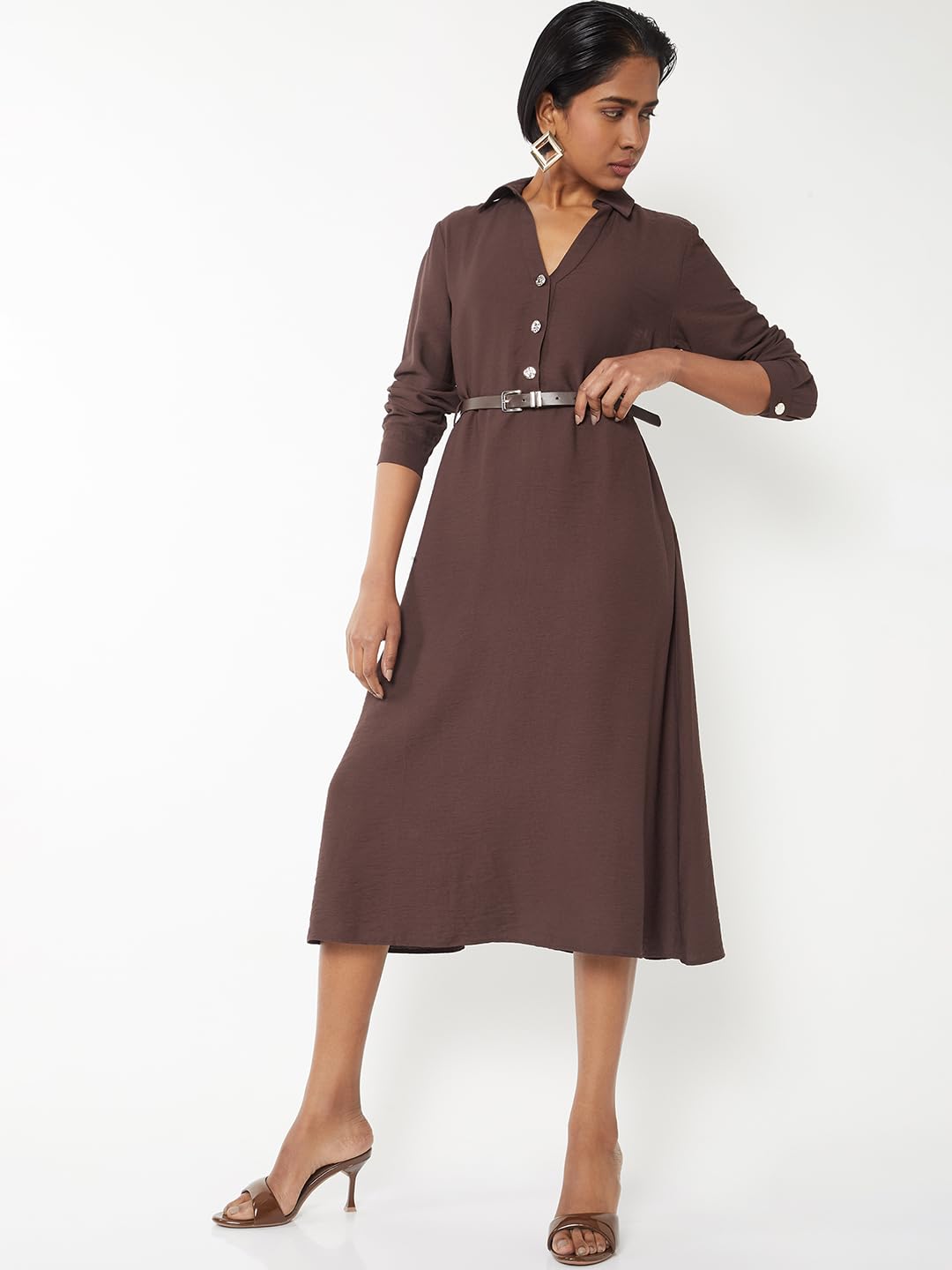Max Women Solid Belted Shirt Dress (Brown_XXL)